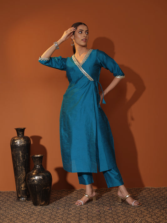 Teal Blue Raw Silk Angrakha Kurta & Cigarette-Pant Set with Silver Gota Patti Trim
