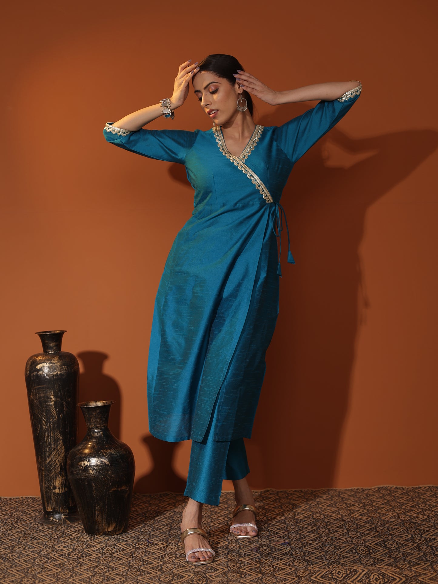 Teal Blue Raw Silk Angrakha Kurta & Cigarette-Pant Set with Silver Gota Patti Trim