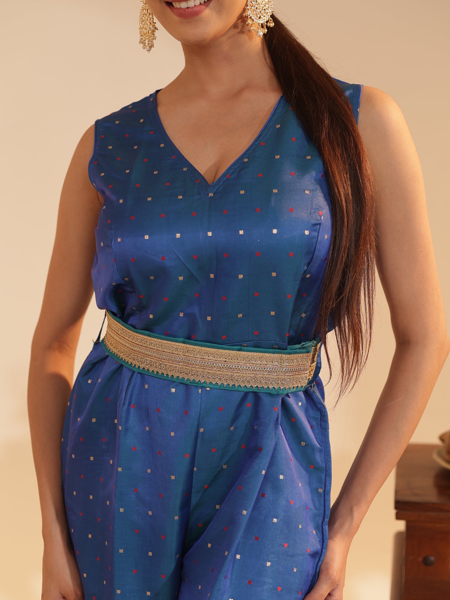 Azure Satin-Silk Butti Jumpsuit with Embellished Belt | Sleeveless V-Neck, Wide-Leg Festive & Wedding-Guest Wear