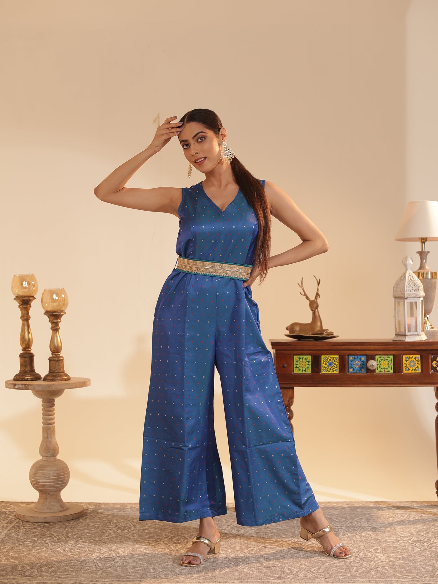 Azure Satin-Silk Butti Jumpsuit with Embellished Belt | Sleeveless V-Neck, Wide-Leg Festive & Wedding-Guest Wear