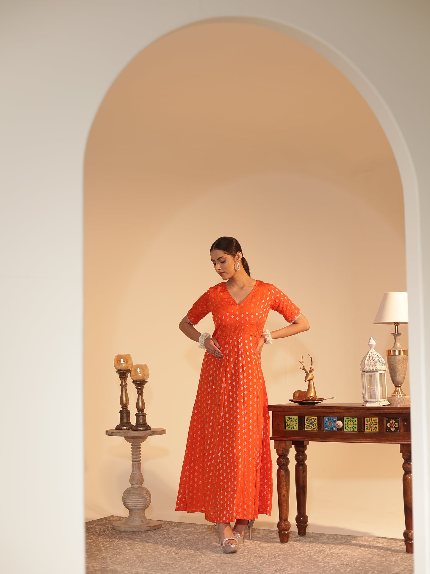 Vibrant Orange Silk-Georgette Anarkali Kurta | Silver Butti & Zari • Flared Fit, V-Neck, 3/4 Sleeve