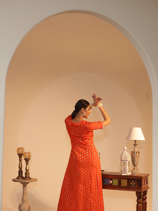 Vibrant Orange Silk-Georgette Anarkali Kurta | Silver Butti & Zari • Flared Fit, V-Neck, 3/4 Sleeve