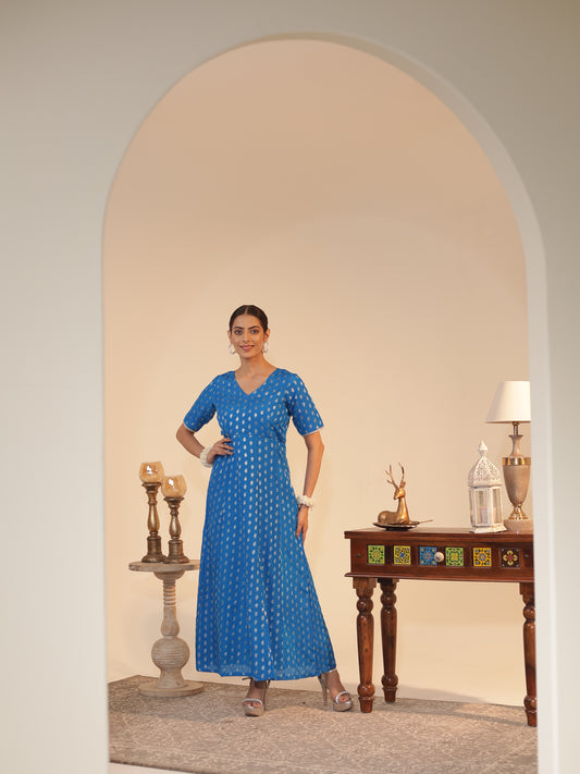 Azure Silk-Georgette Anarkali Kurta | Silver Butti & Zari • Flared Fit, V-Neck, Elbow Sleeve