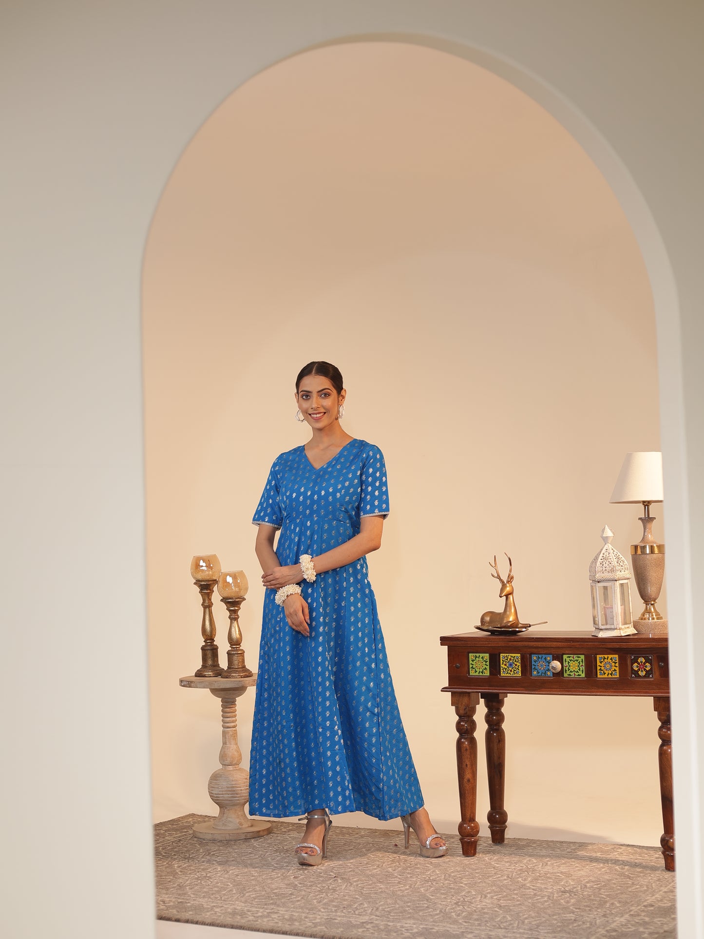 Azure Silk-Georgette Anarkali Kurta | Silver Butti & Zari • Flared Fit, V-Neck, Elbow Sleeve