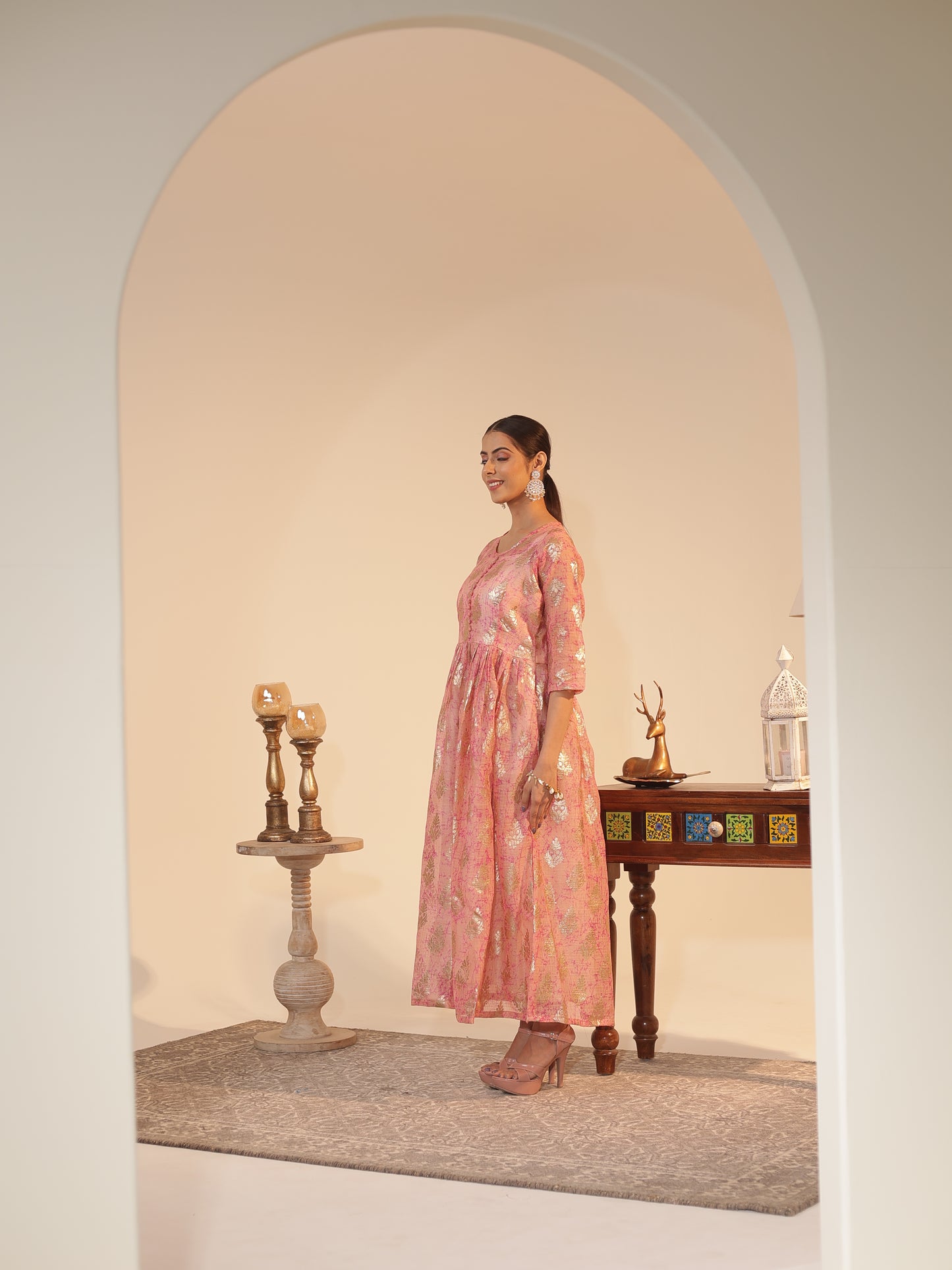 Peach Kota Doria Flared Kurta Dress with Silver-Zari Motifs & Satin Slip | U-Neck, 3/4-Sleeve, Ankle-Grazer