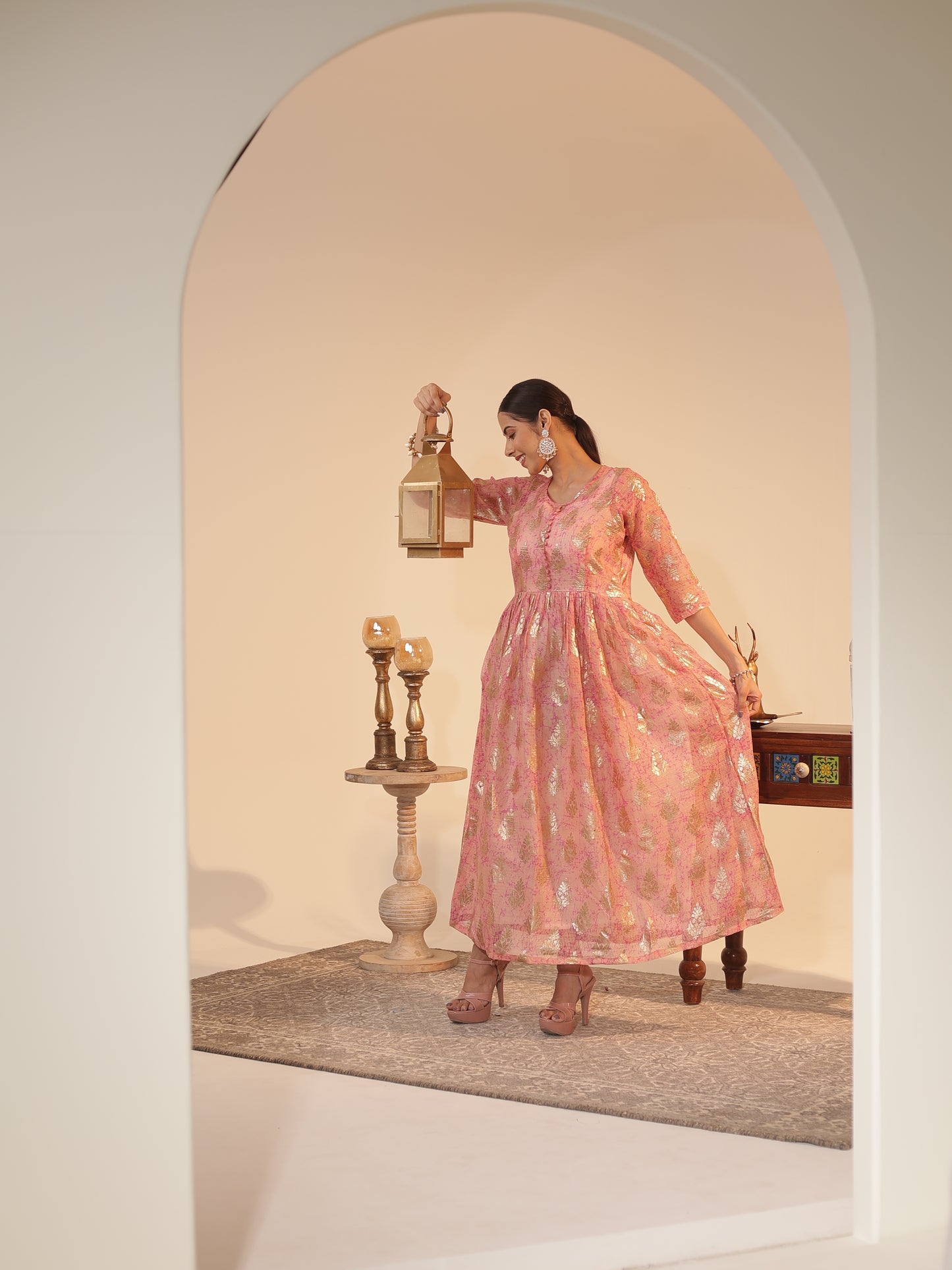 Peach Kota Doria Flared Kurta Dress with Silver-Zari Motifs & Satin Slip | U-Neck, 3/4-Sleeve, Ankle-Grazer