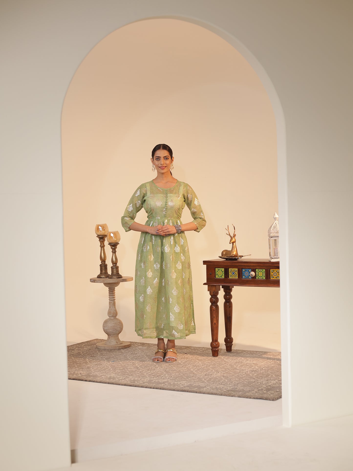 Mint-Green Kota Doria Flared Kurta Dress with Silver-Zari Motifs & Satin Slip | U-Neck, 3/4-Sleeve, Ankle-Grazer Length