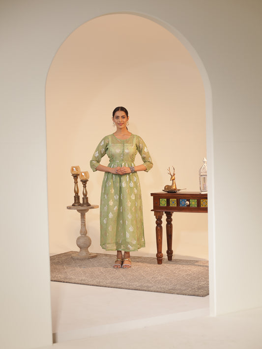 Mint-Green Kota Doria Flared Kurta Dress with Silver-Zari Motifs & Satin Slip | U-Neck, 3/4-Sleeve, Ankle-Grazer Length
