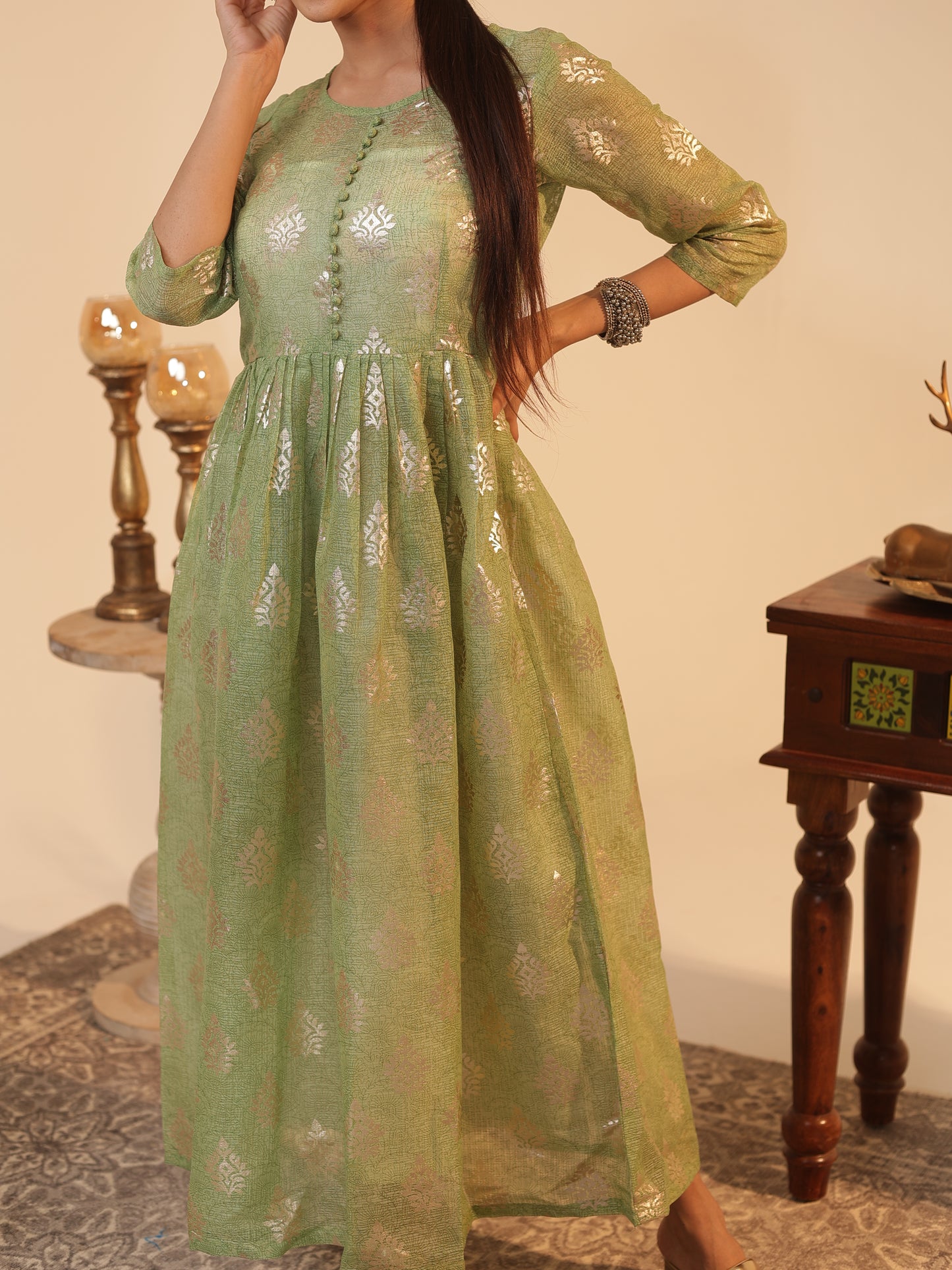 Mint-Green Kota Doria Flared Kurta Dress with Silver-Zari Motifs & Satin Slip | U-Neck, 3/4-Sleeve, Ankle-Grazer Length