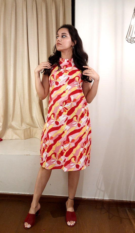 Abstract Floral Cotton Kurta with Bow-Tie Back & Pleated Neck | Kurta Only