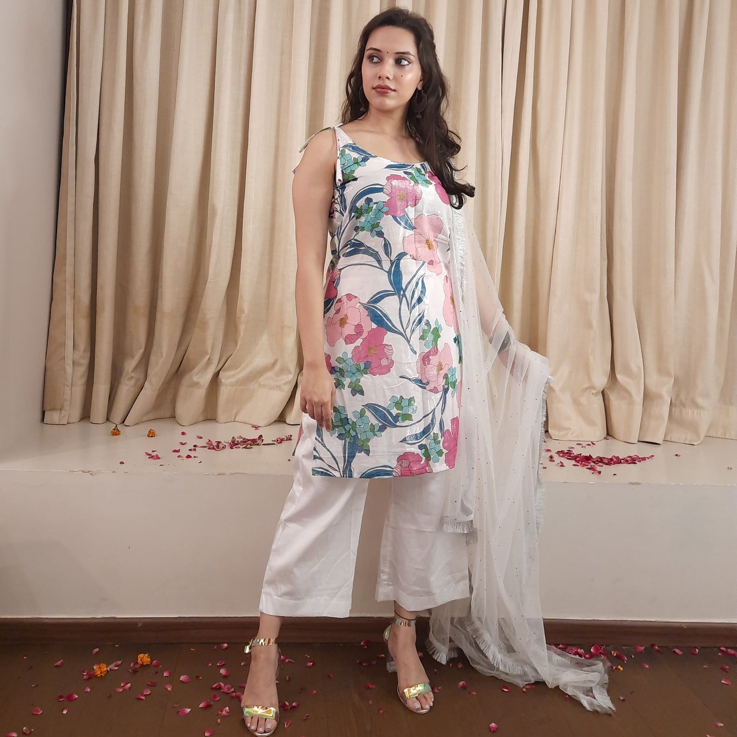 Floral Lurex Cotton Noodle-Strap Kurta for Women | Kurta Only