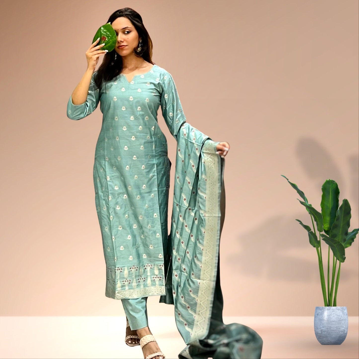 🌿 Sea Green Banarasi Kurta Set with Dupatta for Women