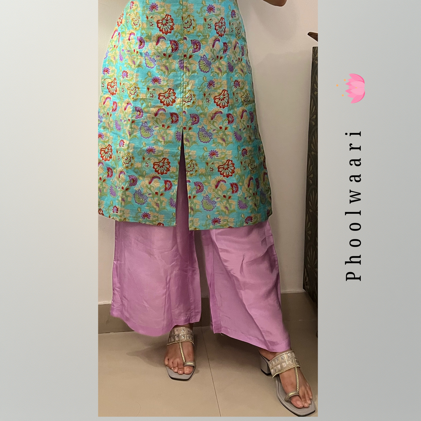 Green Banarasi Kingkhap Silk Slit Kurta Set with Lilac Pants – Sleeveless Festive Wear for Women