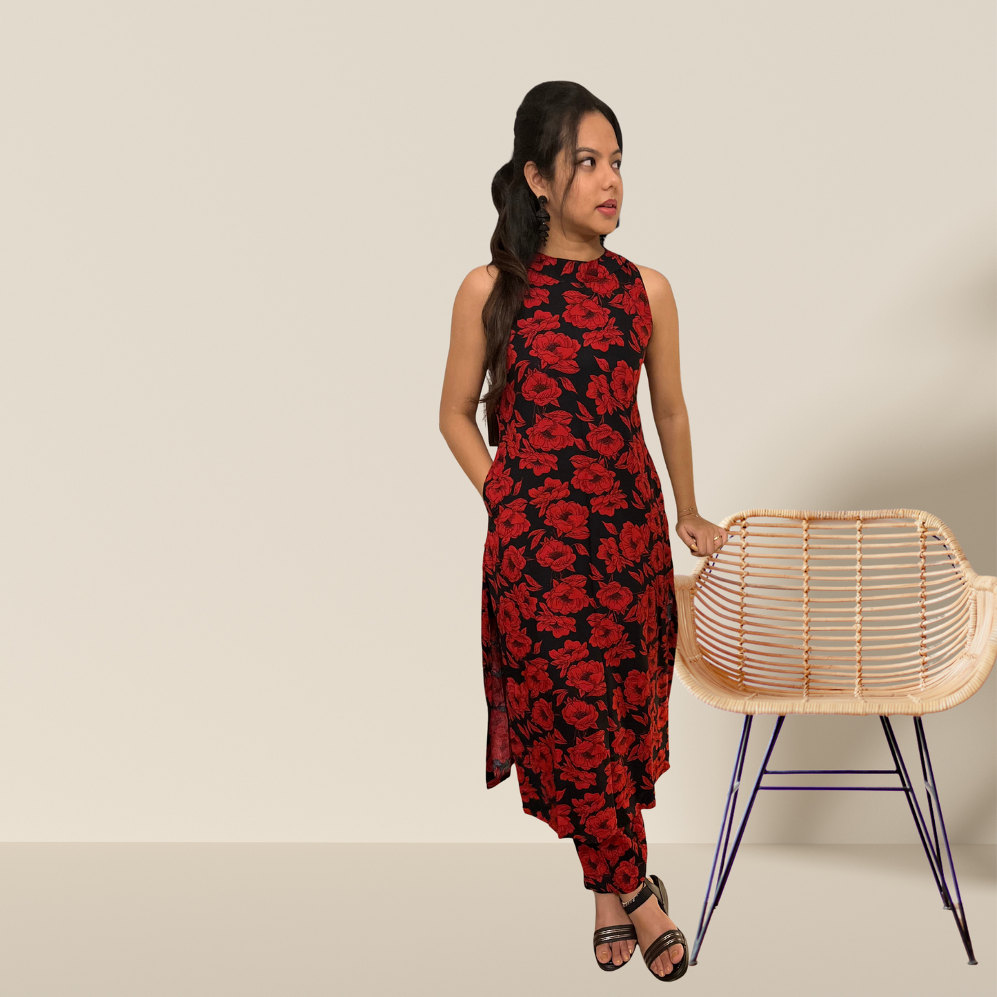 Red Black Rayon Halter Neck Kurta Set with Cigarette Pants – Sleeveless Co-ord Set for Women