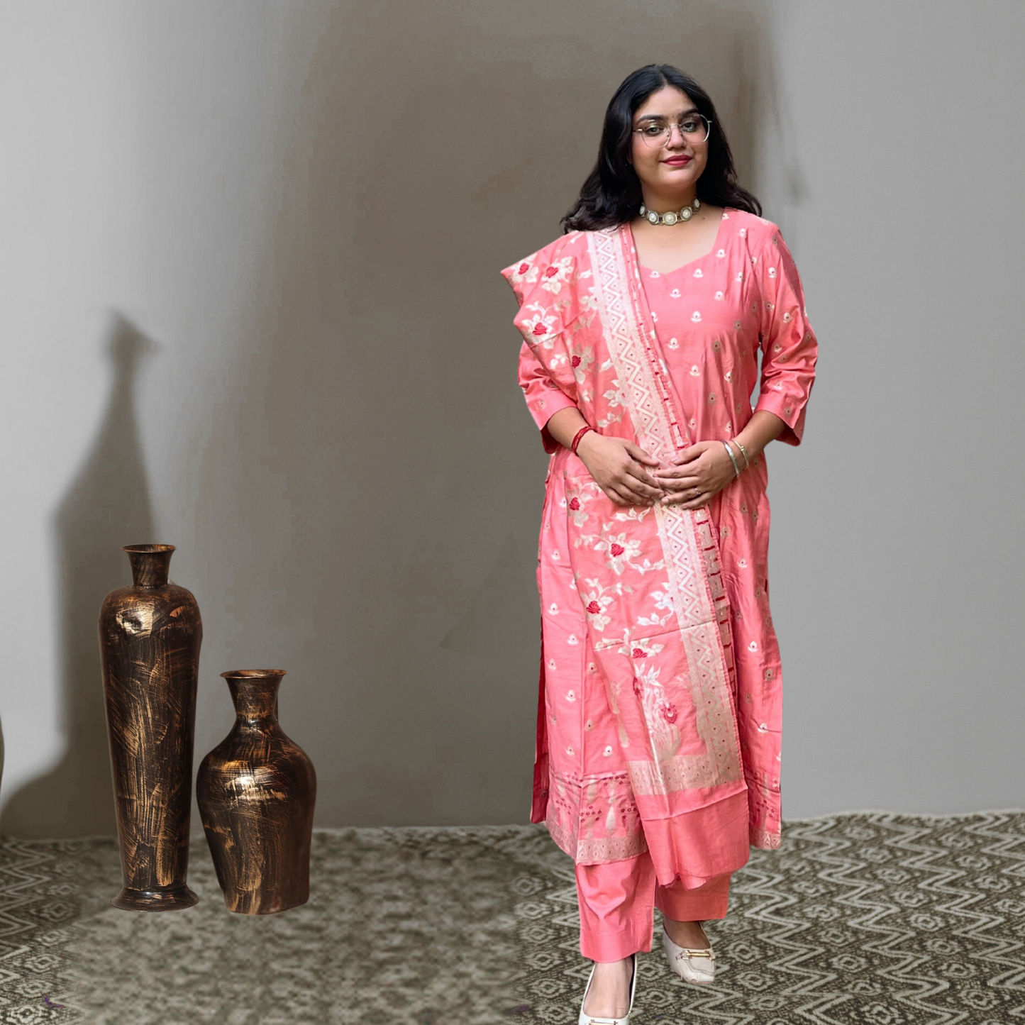 Peach Banarasi Silk Kurta Set with Dupatta for Women | Elegant Festive & Wedding Wear