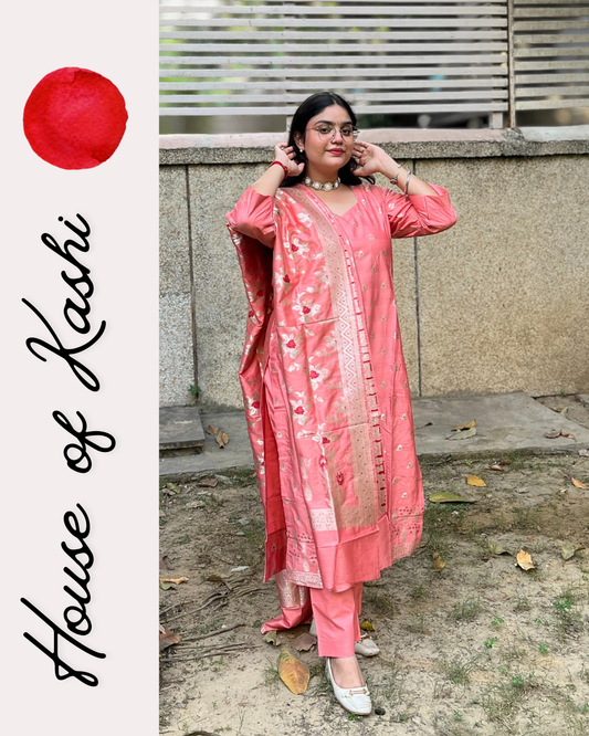 Coral Pink Banarasi Silk Kurta Set with Dupatta for Women | Elegant Festive & Wedding Wear