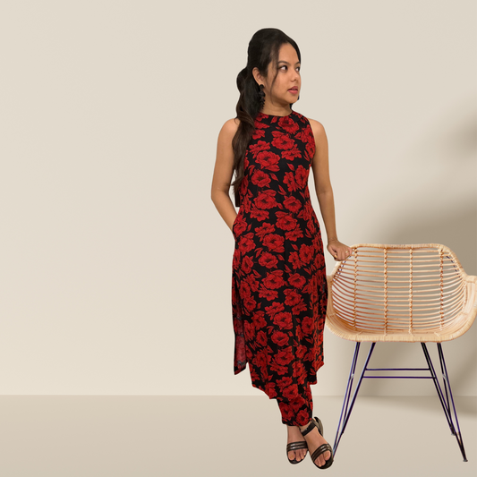 Red Black Rayon Halter Neck Kurta Set with Cigarette Pants – Sleeveless Co-ord Set for Women
