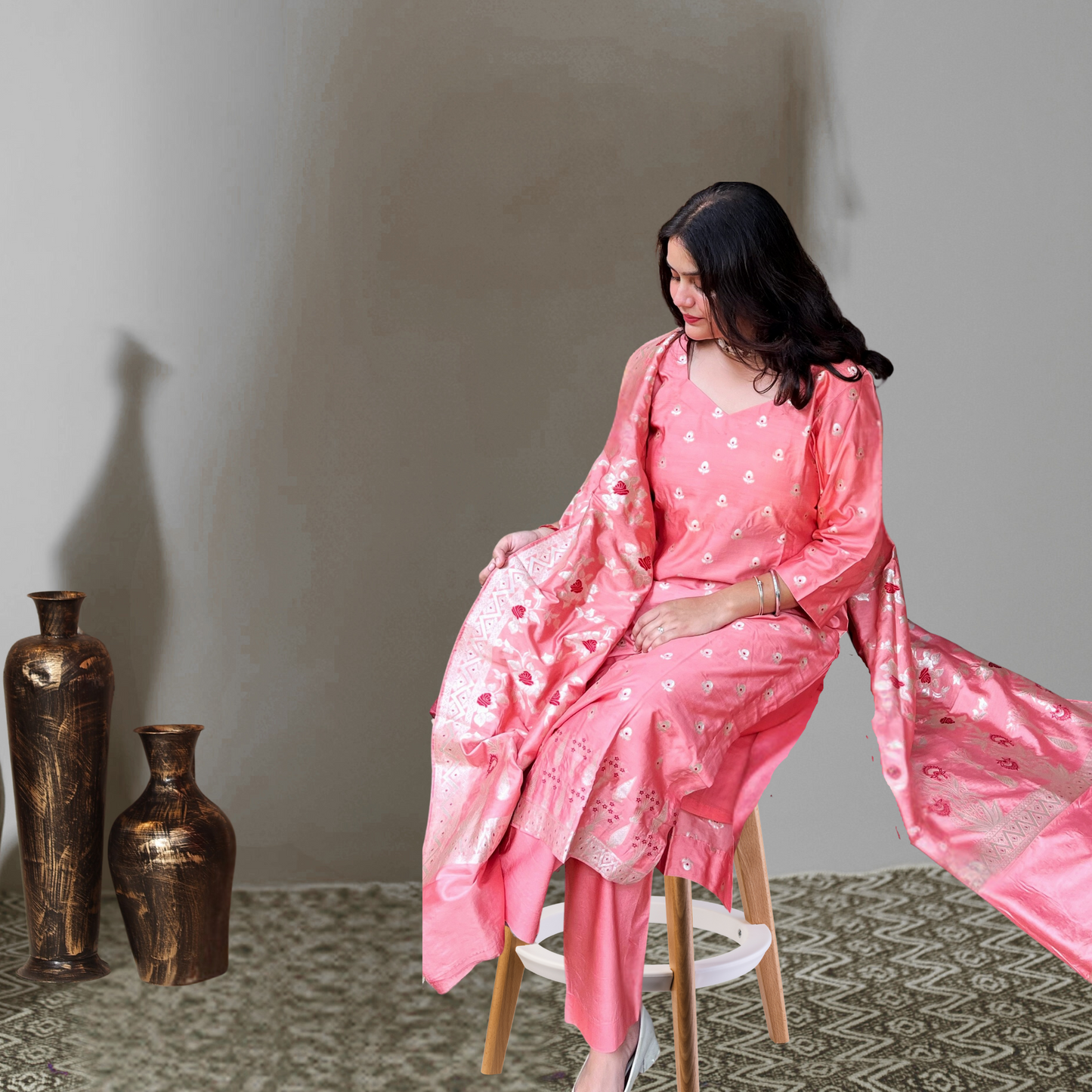 Peach Banarasi Silk Kurta Set with Dupatta for Women | Elegant Festive & Wedding Wear