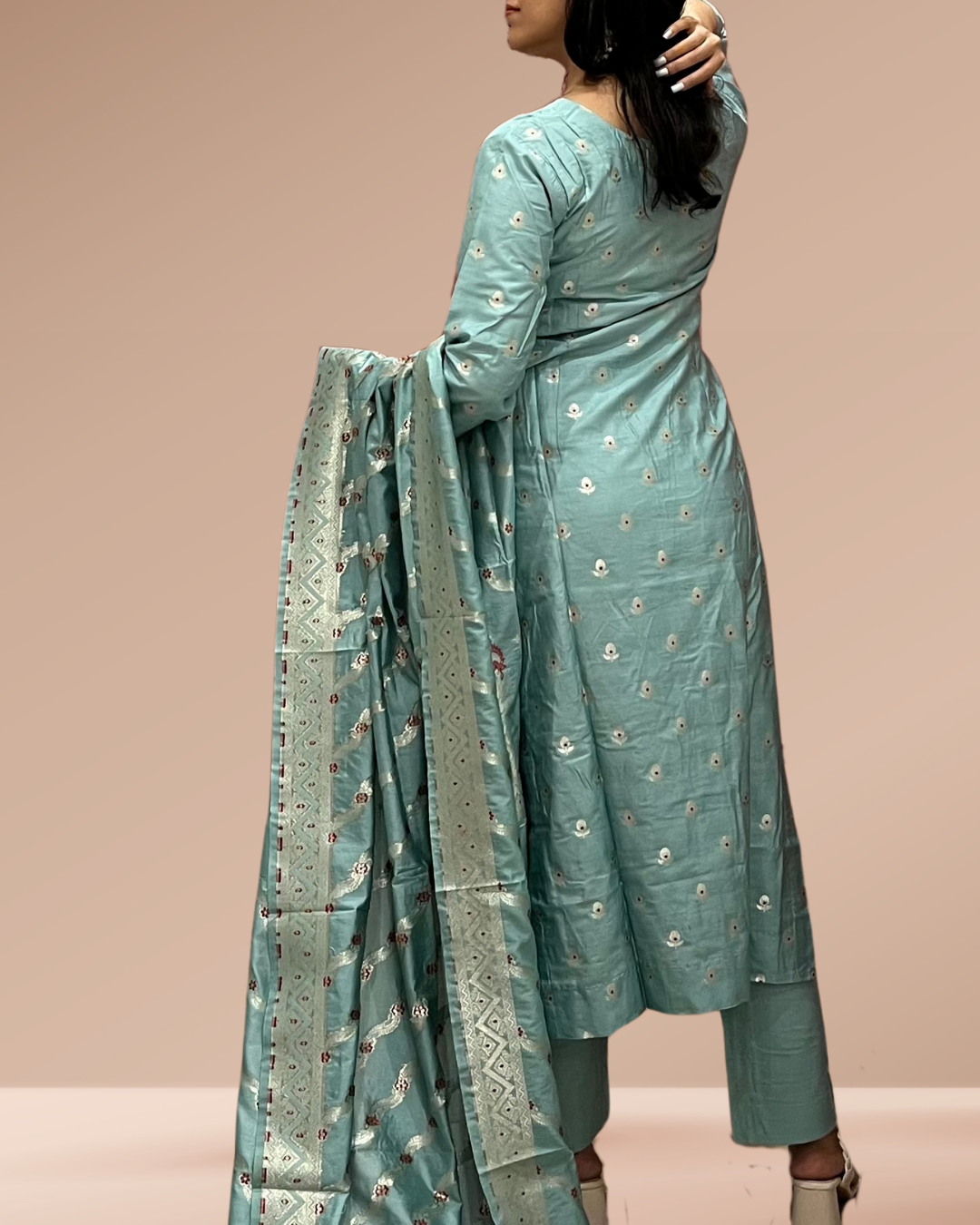 🌿 Sea Green Banarasi Kurta Set with Dupatta for Women