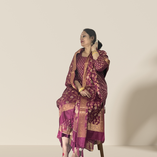 Deep Maroon Banarasi Silk Kurta Set with Dupatta for Women – Festive & Wedding Wear