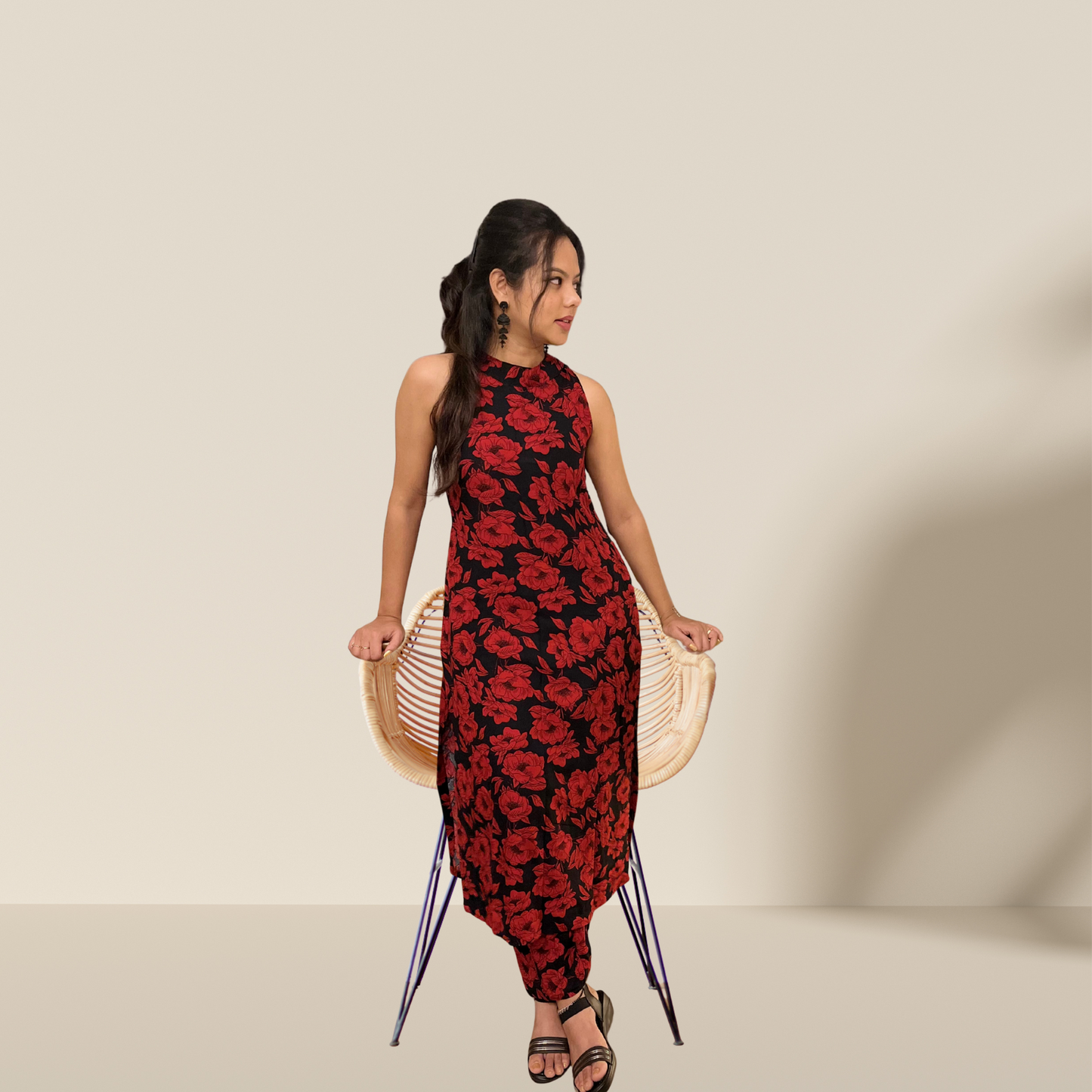 Red Black Rayon Halter Neck Kurta Set with Cigarette Pants – Sleeveless Co-ord Set for Women