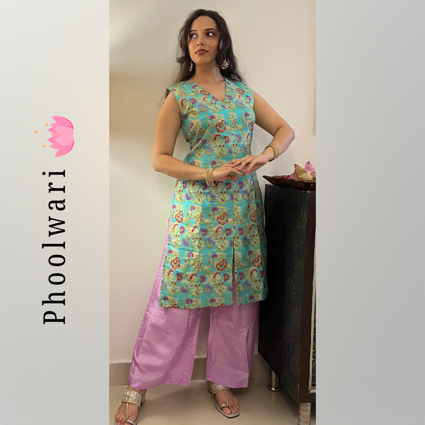 Green Banarasi Kingkhap Silk Slit Kurta Set with Lilac Pants – Sleeveless Festive Wear for Women