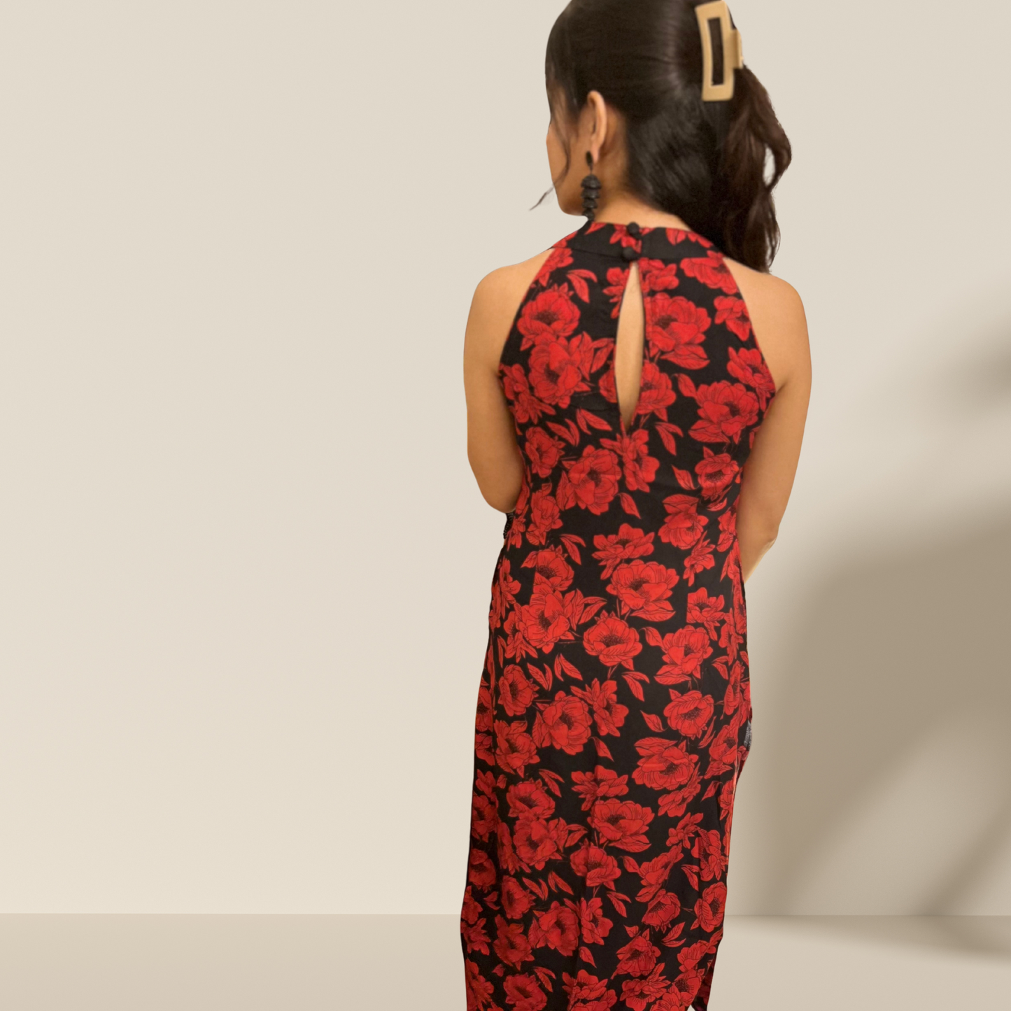 Red Black Rayon Halter Neck Kurta Set with Cigarette Pants – Sleeveless Co-ord Set for Women