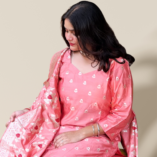 Peach Banarasi Silk Kurta Set with Dupatta for Women | Elegant Festive & Wedding Wear