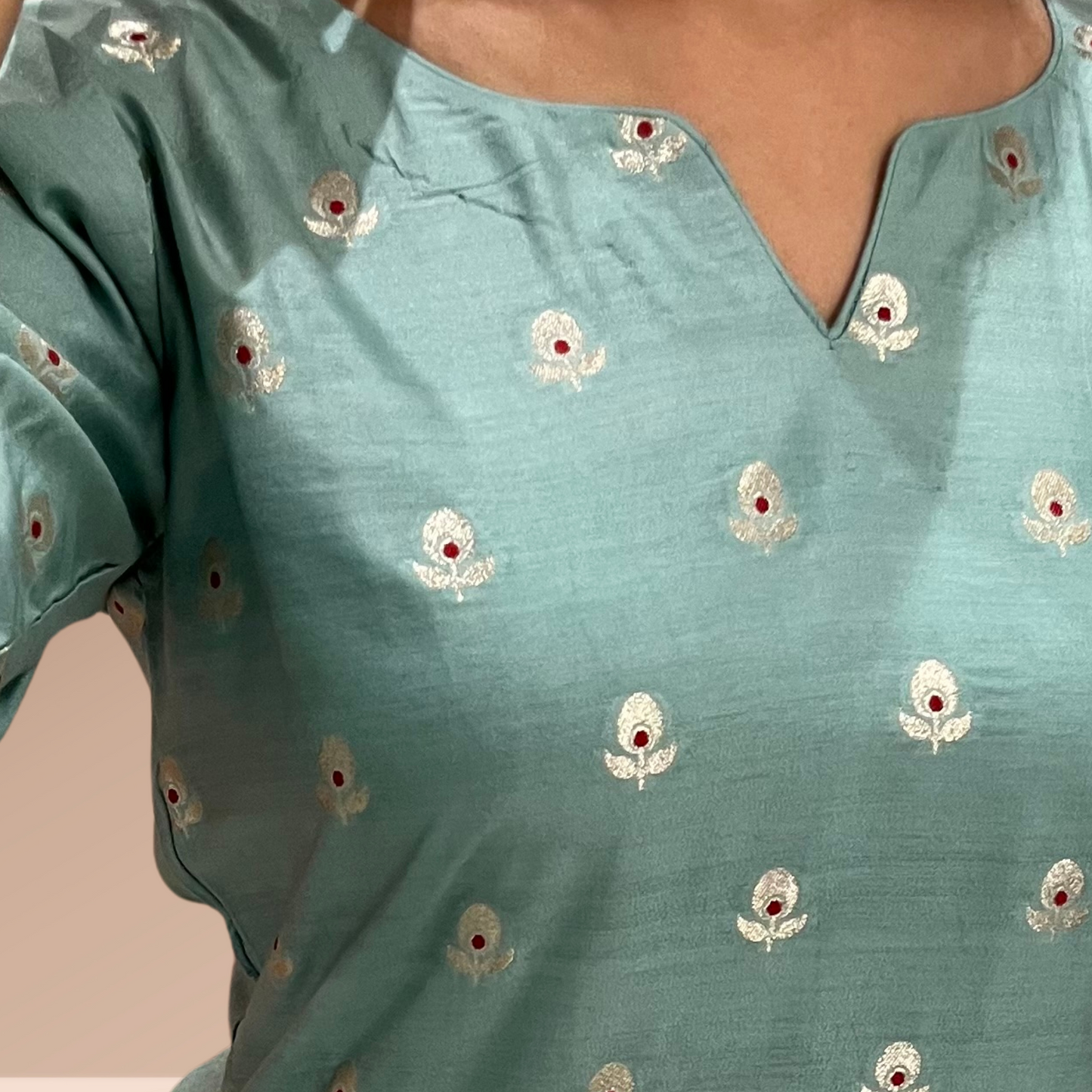 🌿 Sea Green Banarasi Kurta Set with Dupatta for Women