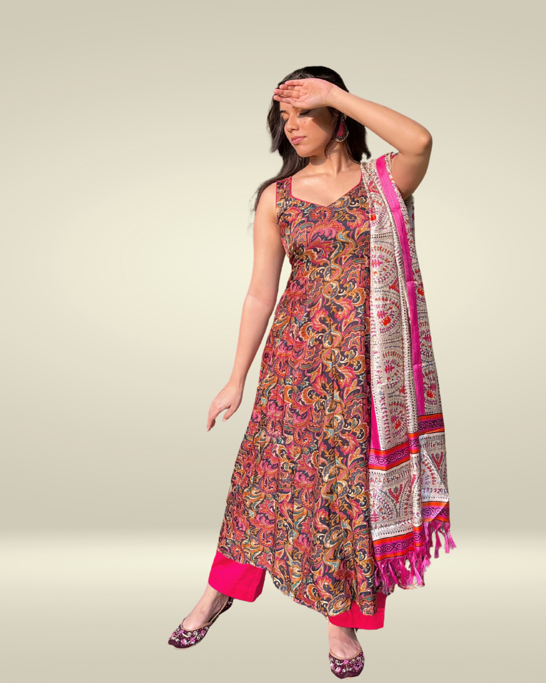 Magenta Multicolor Anarkali Sleeveless Kurta Set with Dupatta for Women – Festive & Party Wear Ethnic Outfit