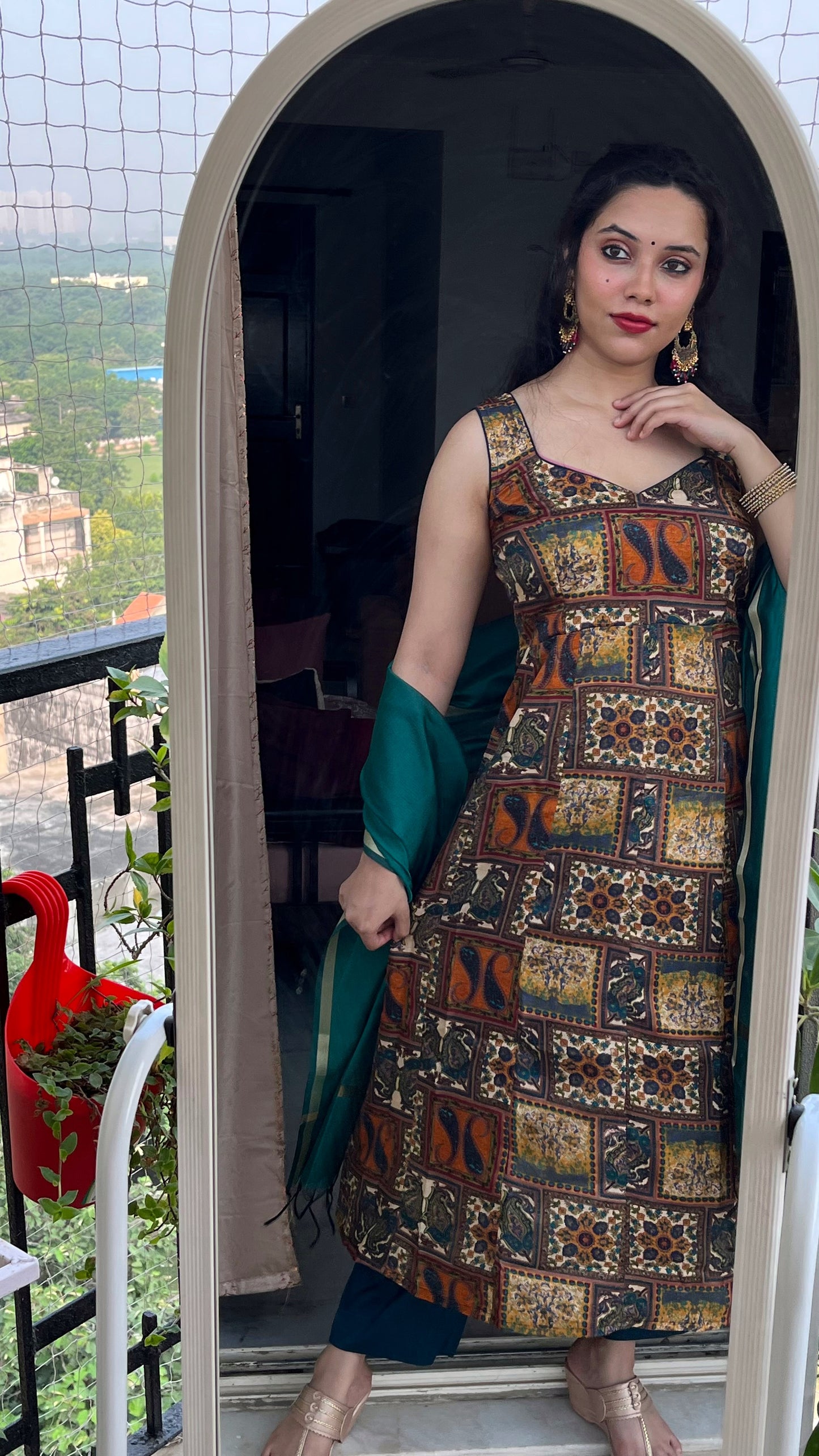 Emerald Green Multicolor Printed Sleeveless Kurta Set with Pants & Dupatta | Modern Ethnic For Women