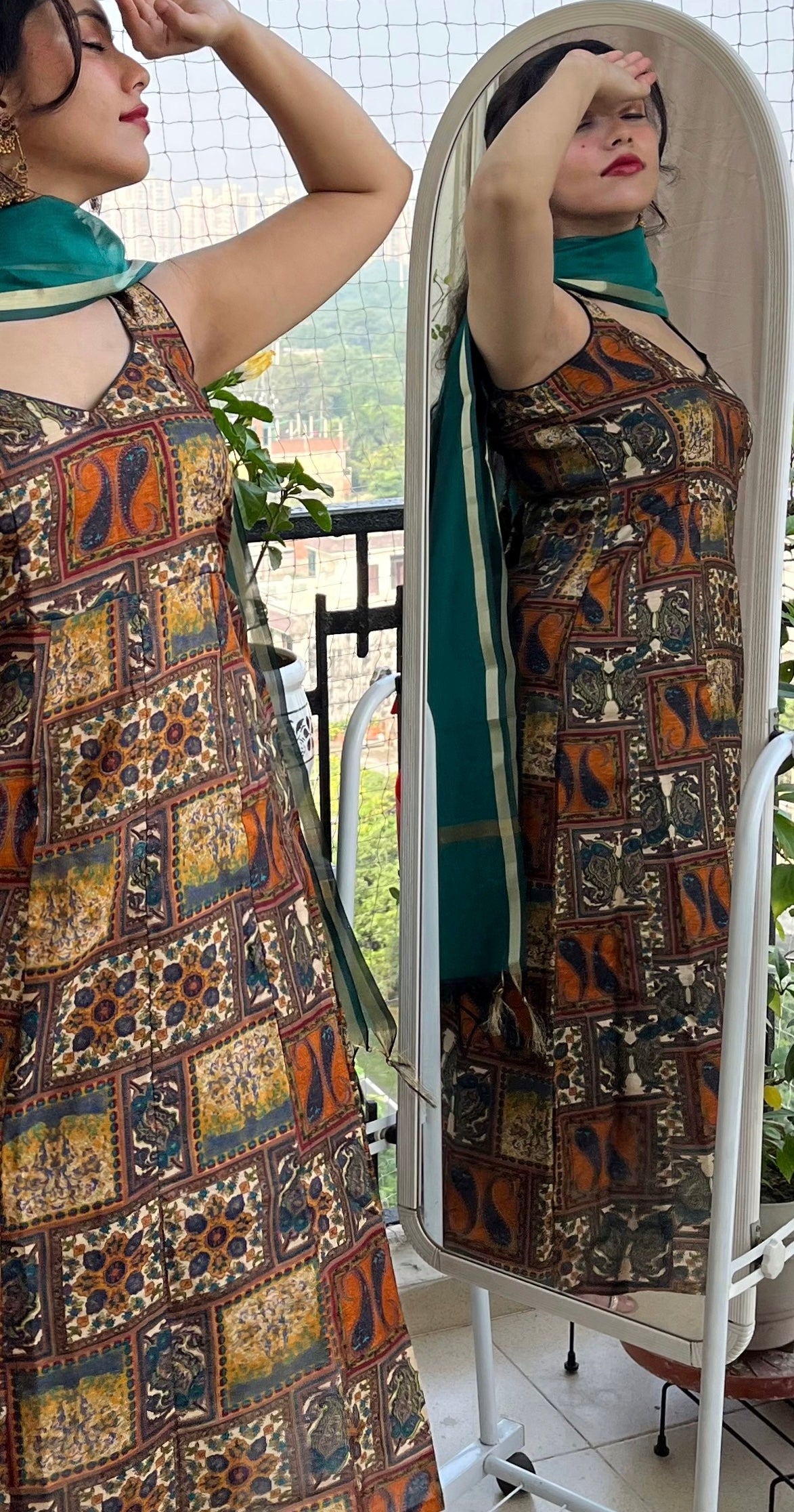 Emerald Green Multicolor Printed Sleeveless Kurta Set with Pants & Dupatta | Modern Ethnic For Women